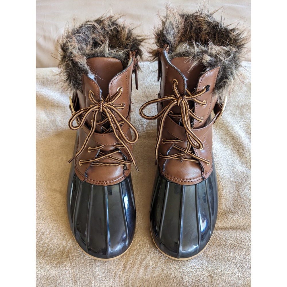 Fisherman Duck Boots Nature Breeze Womens Brown Black Faux Fur Trim Side Zip 8